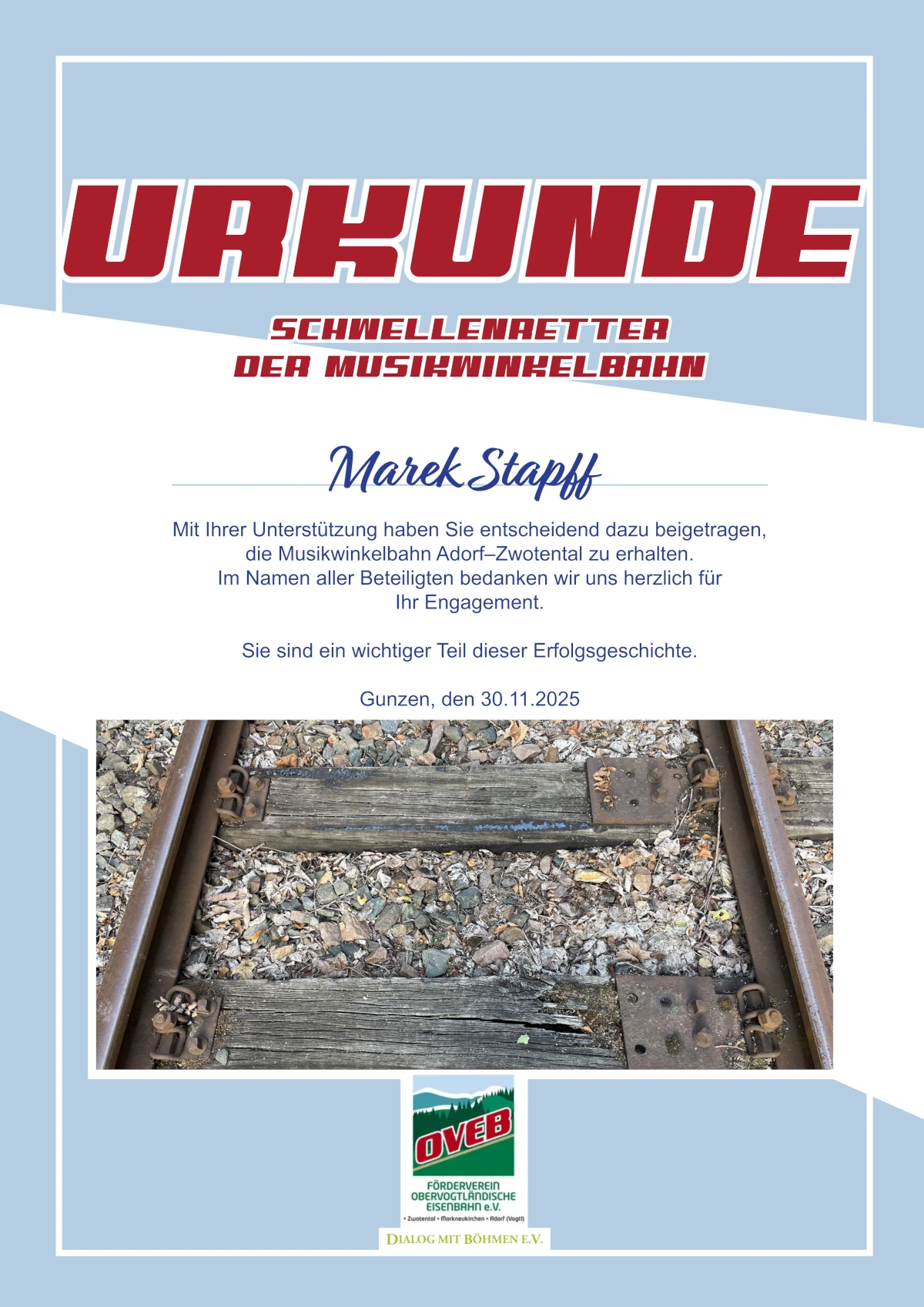 Urkunde „Schwellenretter” der Musikwinkelbahn Adorf-Zwotental.
